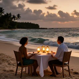 Caribbean Holidays, Jamaica Honeymoons May, Romantic Jamaican beach dinner for two at dusk, lanterns on a table, gentle waves and warm evening light