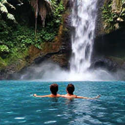 Caribbean Holidays, Jamaica in April, A couple swimming in the clear blue pool at Dunn's River Falls in Jamaica, surrounded by lush tropical forest