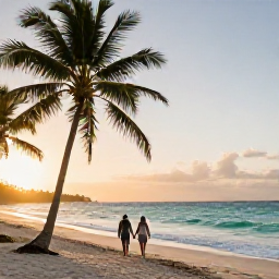 Caribbean Holidays, Jamaica in April, A couple walking hand in hand along a quiet Jamaican beach at sunrise, palm trees, turquoise sea and soft golden light