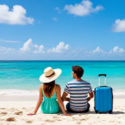 Caribbean Holidays, Jamaica in April, A happy couple relaxing on a Jamaican beach with a small suitcase and sun hats, bright Caribbean holiday atmosphere