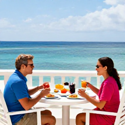 Caribbean Holidays, Jamaica in April, A relaxed couple sharing breakfast on a sunny hotel terrace overlooking the Caribbean Sea in Jamaica