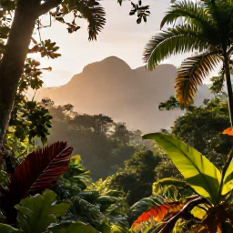 Caribbean Holidays, Jamaica in April, Lush Jamaican rainforest and tropical plants in warm April sunshine, with misty mountains in the distance