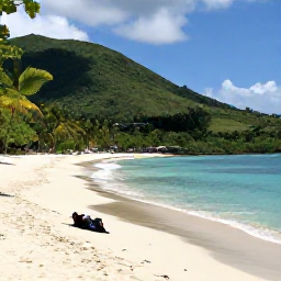 Caribbean Holidays, Jamaica in April, Quiet Jamaican beach beside turquoise water, green hills and palm trees, with a small picnic area in April sunshine