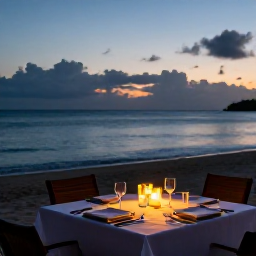 Caribbean Holidays, Jamaica in April, Romantic adults-only Jamaican resort dinner at dusk, table by the beach, candles, calm sea and sunset sky