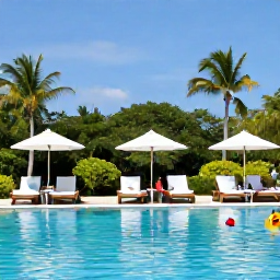 Caribbean Holidays, Jamaica in August, Guests relaxing beside a Jamaican all-inclusive resort pool in August, with sun loungers, tropical gardens, colourful drinks and blue sky