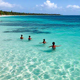 Caribbean Holidays, Jamaica in August, Visitors swimming and snorkelling in clear Jamaican water near a tropical beach, with colourful fish and a distant green coastline