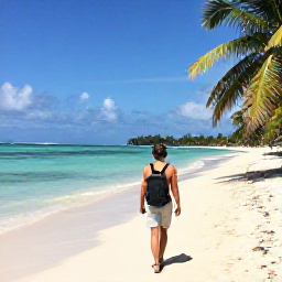 Caribbean Holidays, Jamaica in February, Backpacker walking along a sunny Jamaican beach with turquoise water, palm trees and a small rucksack