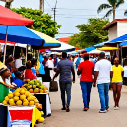 Caribbean Holidays, Jamaica in February, Colourful Jamaican street scene with a local market, fresh fruit stalls, musicians and travellers exploring