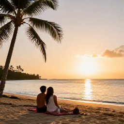 Caribbean Holidays, Jamaica in February, Couple relaxing on a Jamaican beach at sunset, calm Caribbean sea, soft golden light and palm-fringed shoreline