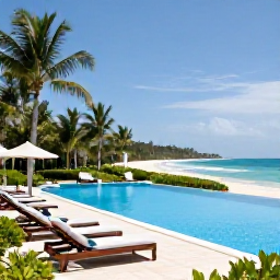 Caribbean Holidays, Jamaica in February, Elegant all-inclusive Jamaican resort beside a tropical beach, with sun loungers, swimming pool and lush gardens