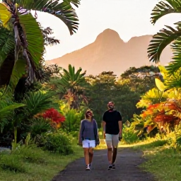 Caribbean Holidays, Jamaica in February, Friendly travellers walking through a Jamaican nature reserve at golden hour, surrounded by tropical plants and distant mountains
