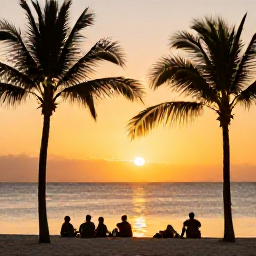 Caribbean Holidays, Jamaica in February, Golden sunset over a Jamaican beach with calm sea, palm silhouettes and guests enjoying a relaxed holiday evening