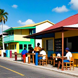 Caribbean Holidays, Jamaica in February, Jamaican holidaymakers enjoying a colourful coastal town, outdoor caf&eacute;, local music and relaxed February street atmosphere