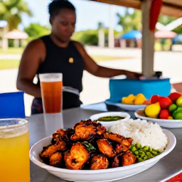 Caribbean Holidays, Jamaica in February, Jamaican roadside food stall serving jerk chicken, rice and peas, fresh fruit and a chilled drink
