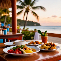 Caribbean Holidays, Jamaica in February, Outdoor Jamaican restaurant beside the sea serving colourful Caribbean food, with palm trees and warm evening light