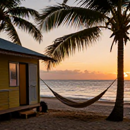 Caribbean Holidays, Jamaica in February, Small backpacker guesthouse near a Jamaican beach at sunset, with hammocks, palm trees and warm evening light