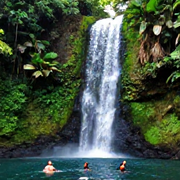 Caribbean Holidays, Jamaica in February, Travellers swimming beneath a Jamaican waterfall surrounded by lush green forest and tropical plants