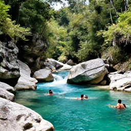Caribbean Holidays, Jamaica in February, Turquoise river flowing through tropical Jamaican rainforest, with limestone rocks and visitors swimming in a natural pool