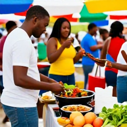 Caribbean Holidays, Jamaica in July, Jamaican cook preparing traditional food at a welcoming outdoor market in July, with tropical ingredients, colourful stalls and visitors tasting dishes