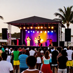 Caribbean Holidays, Jamaica in July, Jamaican reggae performance at an outdoor July festival, with a stage, dancing crowd, warm evening light and palm trees