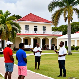 Caribbean Holidays, Jamaica in July, Visitors exploring a Jamaican heritage attraction in July, with historic buildings, tropical greenery and an informative local guide