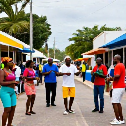 Caribbean Holidays, Jamaica in June, Colourful Jamaican cultural celebration in a lively town street during June, with local musicians, dancers and warmly dressed visitors
