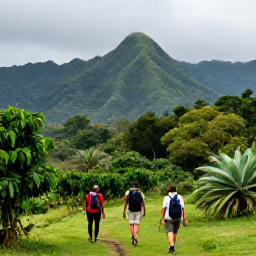 Caribbean Holidays, Jamaica in June, Hikers walking through the Blue Mountains of Jamaica in June, with misty green peaks, coffee plants and a broad tropical landscape