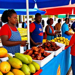 Caribbean Holidays, Jamaica in June, Jamaican street food market in June, showing jerk chicken, fresh tropical fruit, colourful stalls and friendly local vendors