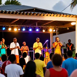 Caribbean Holidays, Jamaica in June, Live reggae performance at an outdoor Jamaican venue in June, with musicians on stage, dancing spectators and warm evening light
