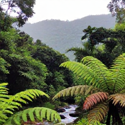 Caribbean Holidays, Jamaica in June, Lush Jamaican rainforest in June after a light tropical shower, with bright green leaves, ferns and a clear mountain stream