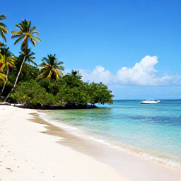 Caribbean Holidays, Jamaica in June, Quiet Jamaican beach and mangrove coastline in June, with calm turquoise water, palms and a small boat exploring the shallows