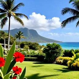 Caribbean Holidays, Jamaica in June, Relaxed Jamaican nature holiday scene in June, combining a tropical garden, distant mountains and a sunny coastline