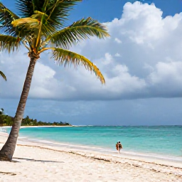 Caribbean Holidays, Jamaica in June, Sunny Jamaican beach in June with turquoise sea, palm trees, a couple swimming and soft clouds suggesting a warm tropical shower