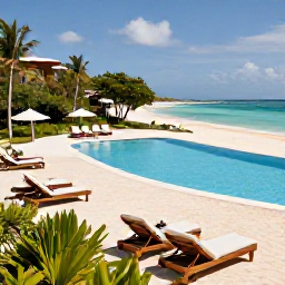 Caribbean Holidays, Jamaica in March, Elegant Jamaican all-inclusive resort beside a sandy beach, with swimming pool, sun loungers and tropical gardens