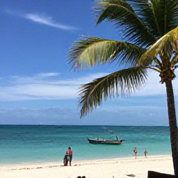 Caribbean Holidays, Jamaica in March, Relaxed Jamaican beach in March with palm trees, turquoise water, a small fishing boat and visitors enjoying the warm weather