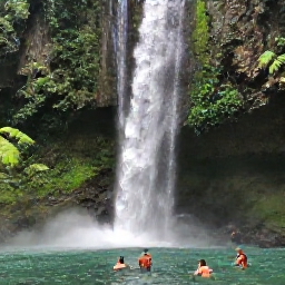 Caribbean Holidays, Jamaica in March, Travellers swimming beneath Dunn's River Falls in Jamaica, surrounded by lush green vegetation and clear cascading water