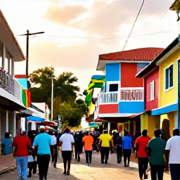Caribbean Holidays, Jamaica in March, Vibrant Kingston street scene in March with Jamaican flags, local people, colourful buildings and warm tropical sunlight