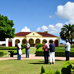 Caribbean Holidays, Jamaica in March, Visitors exploring a Jamaican heritage site with colonial architecture, gardens and informative local guides under a bright blue sky