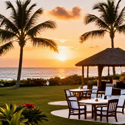 Caribbean Holidays, Jamaica in May, A comfortable Jamaican resort with palm-lined gardens, outdoor seating and a golden sunset over the sea