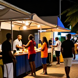 Caribbean Holidays, Jamaica in May, A lively Jamaican evening street scene with local food stalls, musicians and visitors enjoying the atmosphere