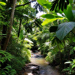 Caribbean Holidays, Jamaica in May, A lush Jamaican rainforest in May with vibrant green foliage, filtered sunshine and a clear stream beside a walking trail