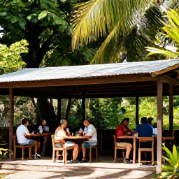 Caribbean Holidays, Jamaica in May, A relaxed outdoor Jamaican caf&eacute; beside tropical greenery, with travellers enjoying a shaded lunch after a nature walk