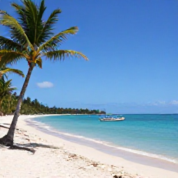 Caribbean Holidays, Jamaica in May, A sunny Jamaican coastline in May with turquoise sea, palm trees and a small adventure boat near shore