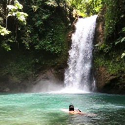Caribbean Holidays, Jamaica in May, Backpacker swimming in a clear Jamaican waterfall pool surrounded by dense green forest