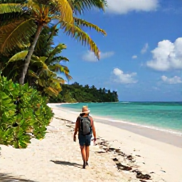 Caribbean Holidays, Jamaica in May, Backpacker walking along a sunny Jamaican coastline with turquoise sea, tropical vegetation and a small rucksack