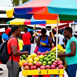 Caribbean Holidays, Jamaica in May, Colourful Jamaican street market in May with local fruit stalls, friendly vendors and backpackers browsing
