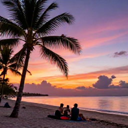 Caribbean Holidays, Jamaica in May, Relaxed Jamaican holiday scene at sunset with a colourful sky, palm-fringed beach and a small group enjoying the evening