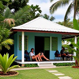 Caribbean Holidays, Jamaica in May, Simple welcoming Jamaican guesthouse with backpackers relaxing on a shaded veranda near tropical gardens