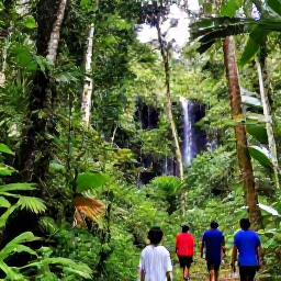 Caribbean Holidays, Jamaica in May, Visitors walking through lush Jamaican rainforest near Ocho Rios, with tropical plants, tall trees and a small waterfall