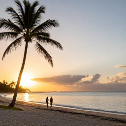 Caribbean Holidays, Jamaica in November, A beautiful Jamaican beach at sunset in November, with calm sea, golden light, palm trees and a couple walking along the shore